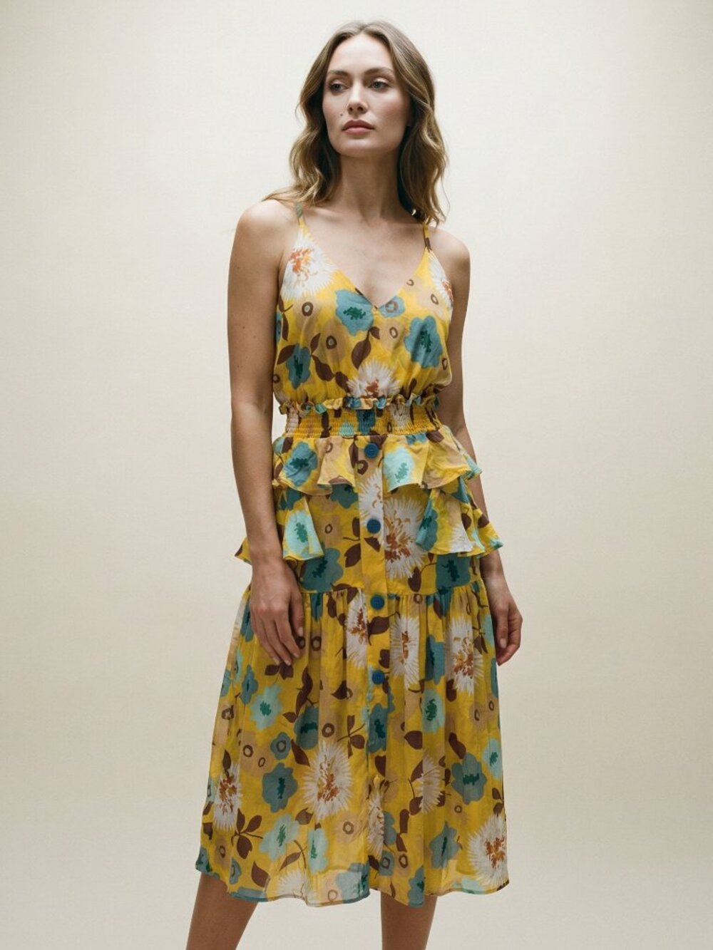 Chic Floral Midi Dress in Yellow and Blue